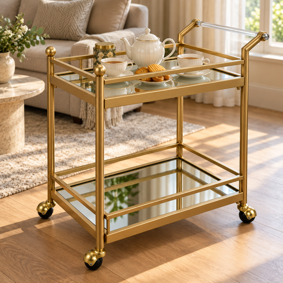Carro Bar Dorado con 2 Bandejas de Espejo y Ruedas - Home Decorators Collection®