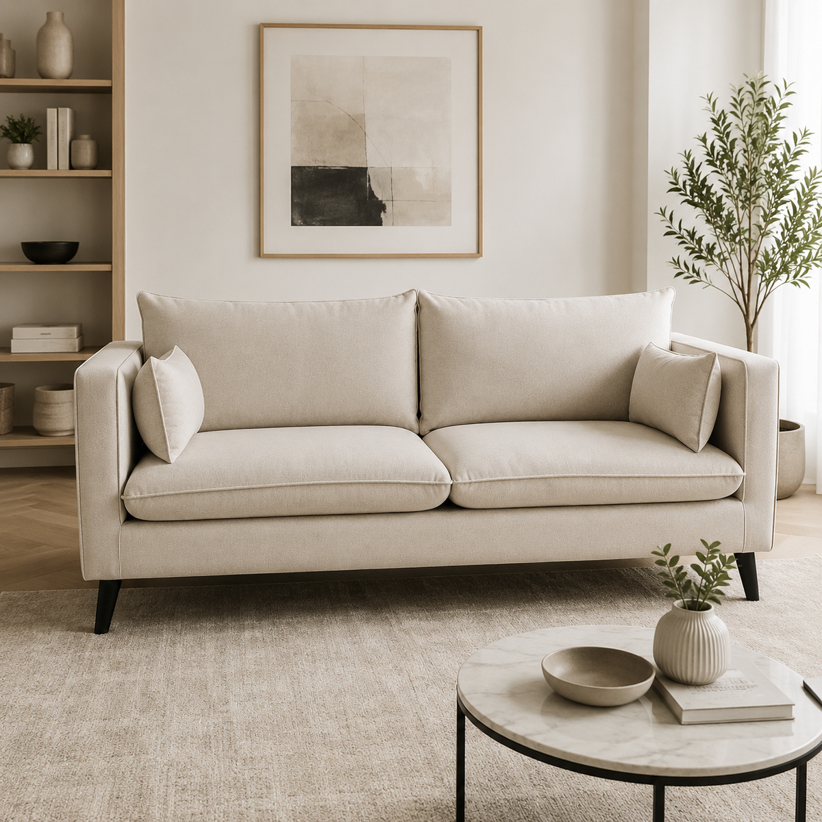 Sofa Tain 3 Cuerpos Tela Lisa Beige