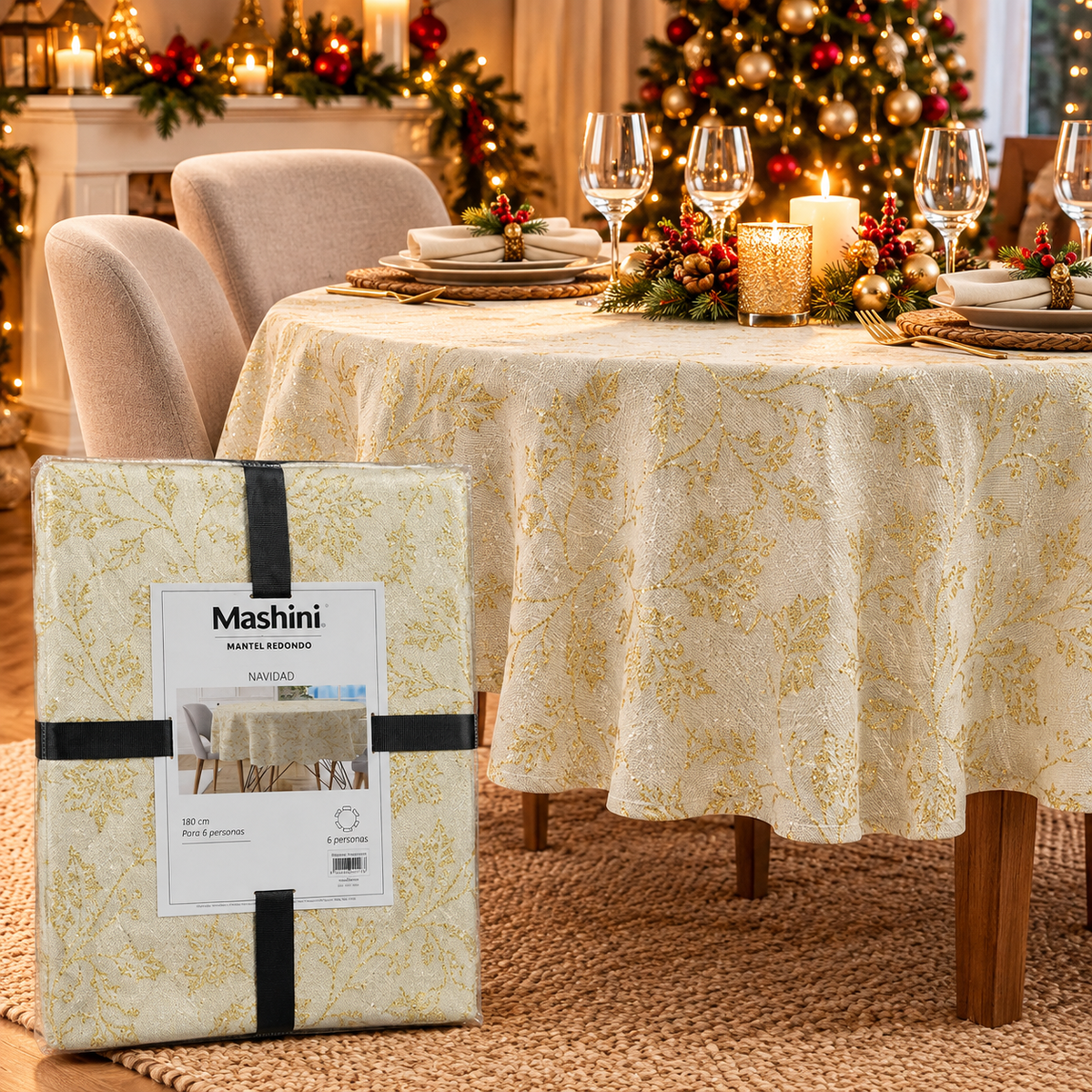 Mantel Navideño Redondo 180 cm Crema con Dorado 6 Personas - Mashini