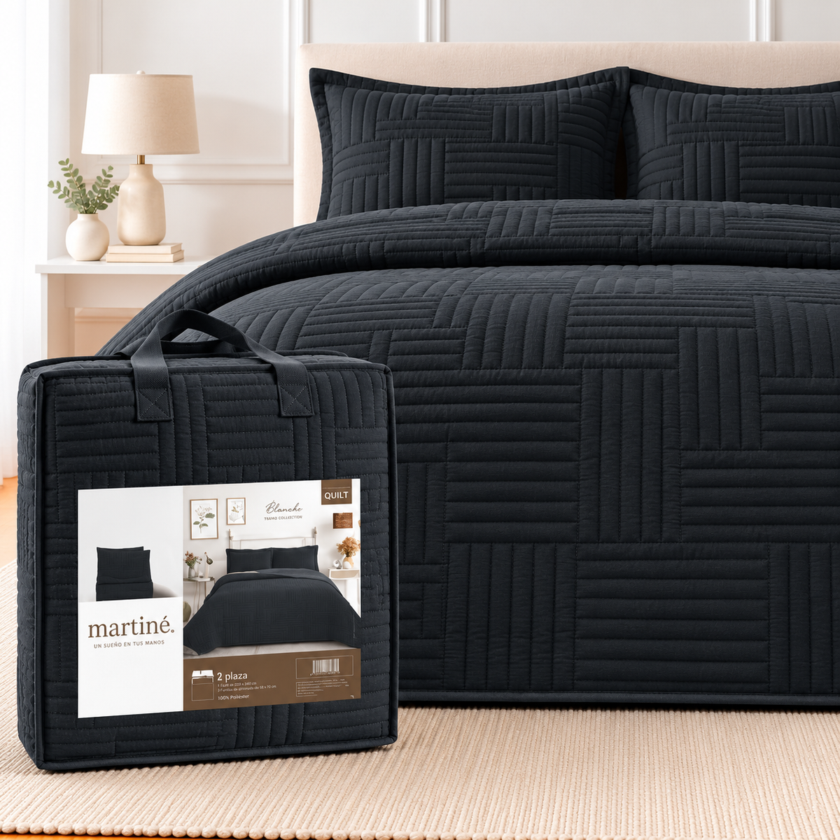 Quilt 2 Plazas Reversible Negro Trama Collection - Martiné