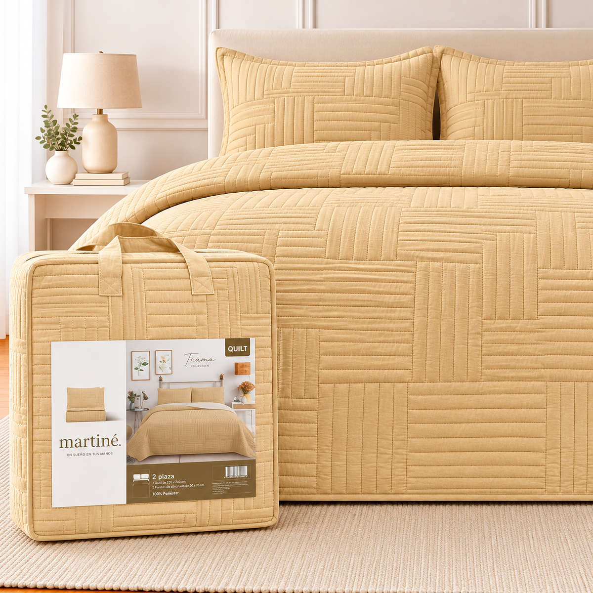 Quilt 2 Plazas Reversible Beige Arena Trama Collection - Martiné