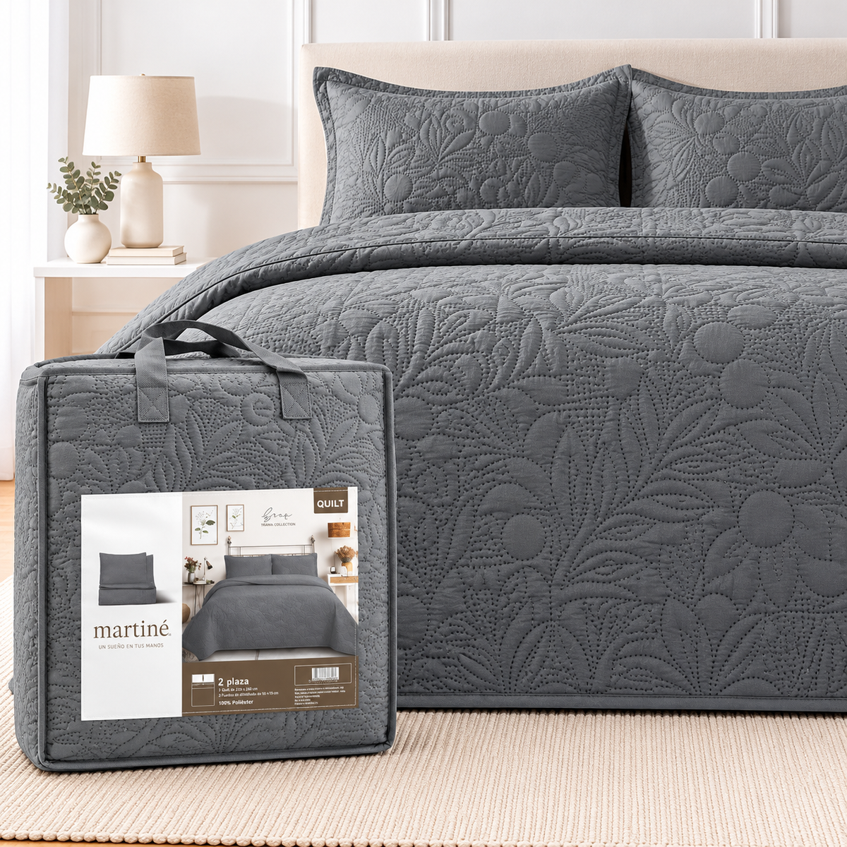 Quilt 2 Plazas Reversible Gris Honoré Collection - Martiné