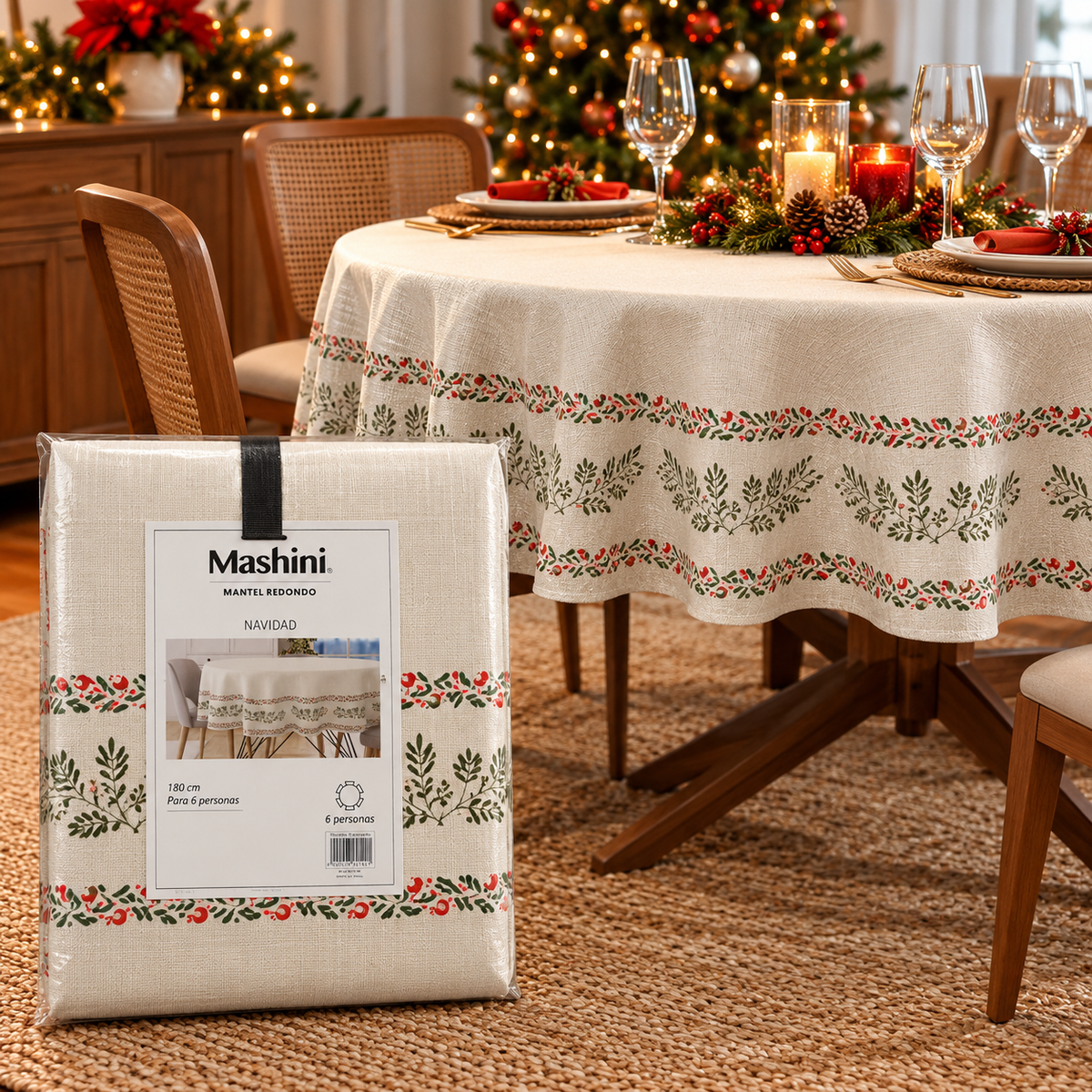 Mantel Navideño Redondo 180 cm Crema con Hojas Verdes y Rojas 6 Personas - Mashini
