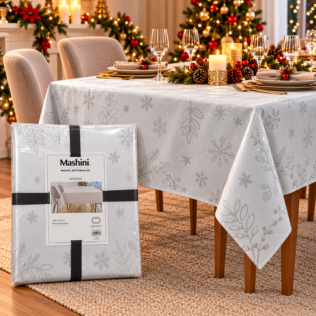 Mantel Navideño Rectangular 150 × 210 cm Blanco con Plateado 6 Personas - Mashini