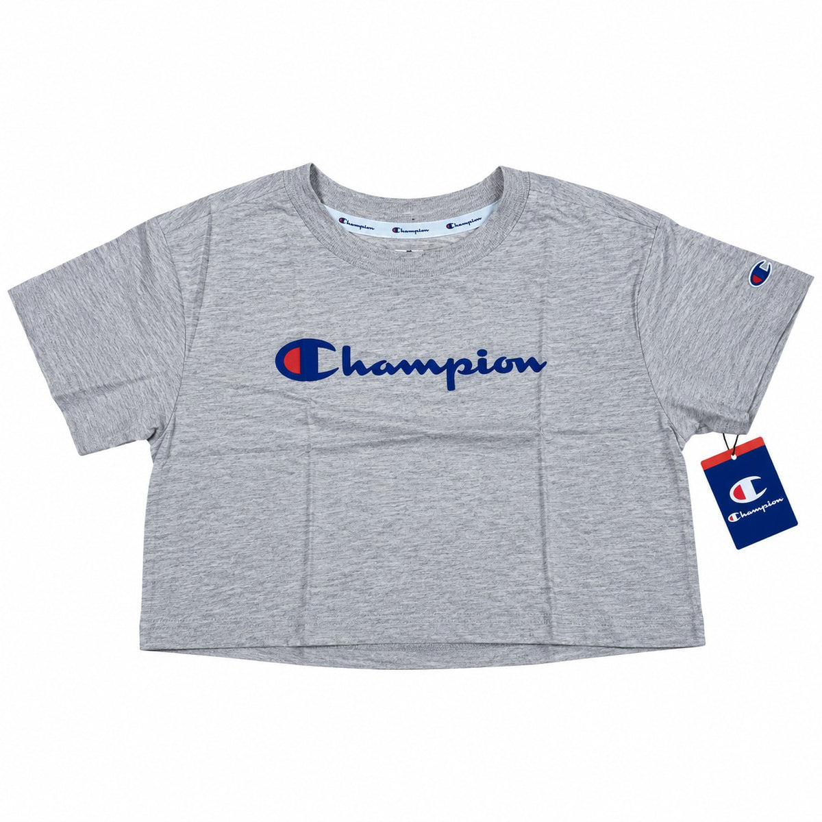 Polera crop top mujer Champion gris con logo Script azul