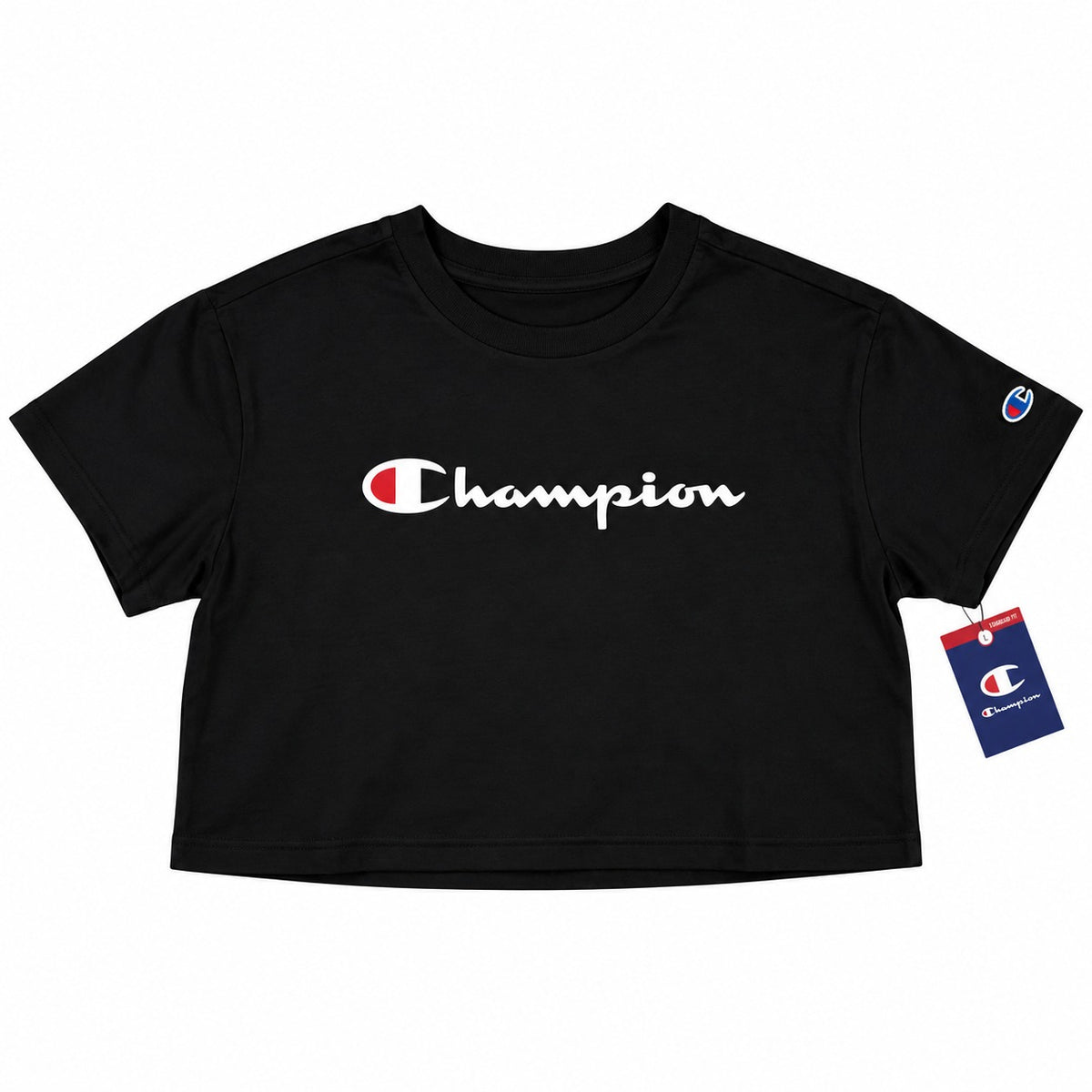 Polera crop top mujer Champion negra con logo Script