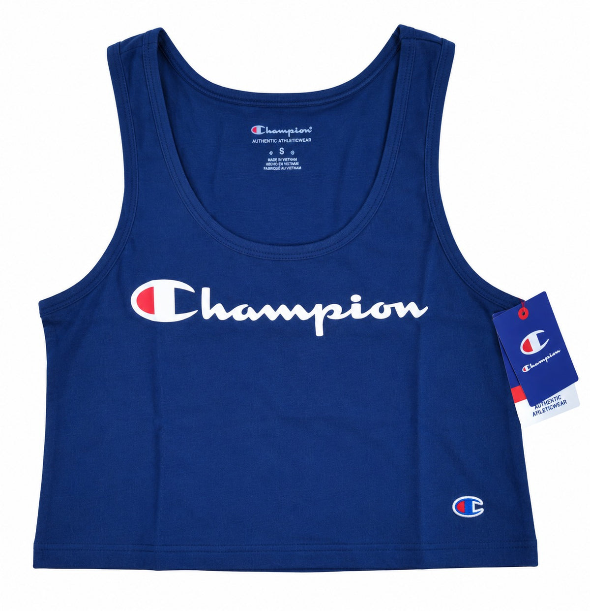 Crop top sin mangas mujer Champion azul con logo Script