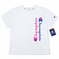 Polera mujer Champion blanca con doble logo vertical fucsia y azul