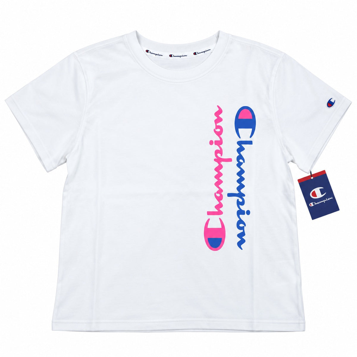 Polera mujer Champion blanca con doble logo vertical fucsia y azul