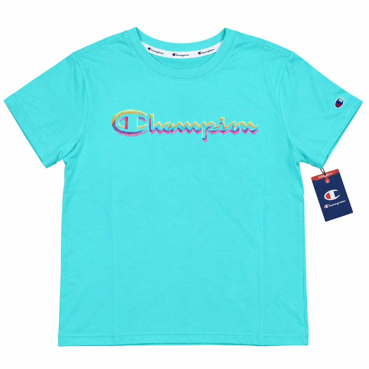 Polera mujer Champion celeste cian con logo Script multicolor