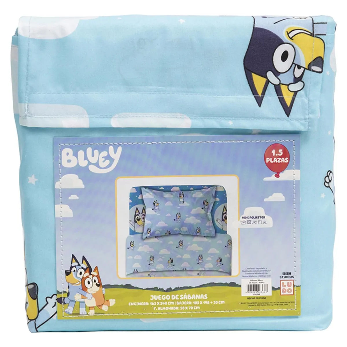 Juego de Sábanas Infantil Bluey 1.5 Plazas Celeste con Nubes - Mashini