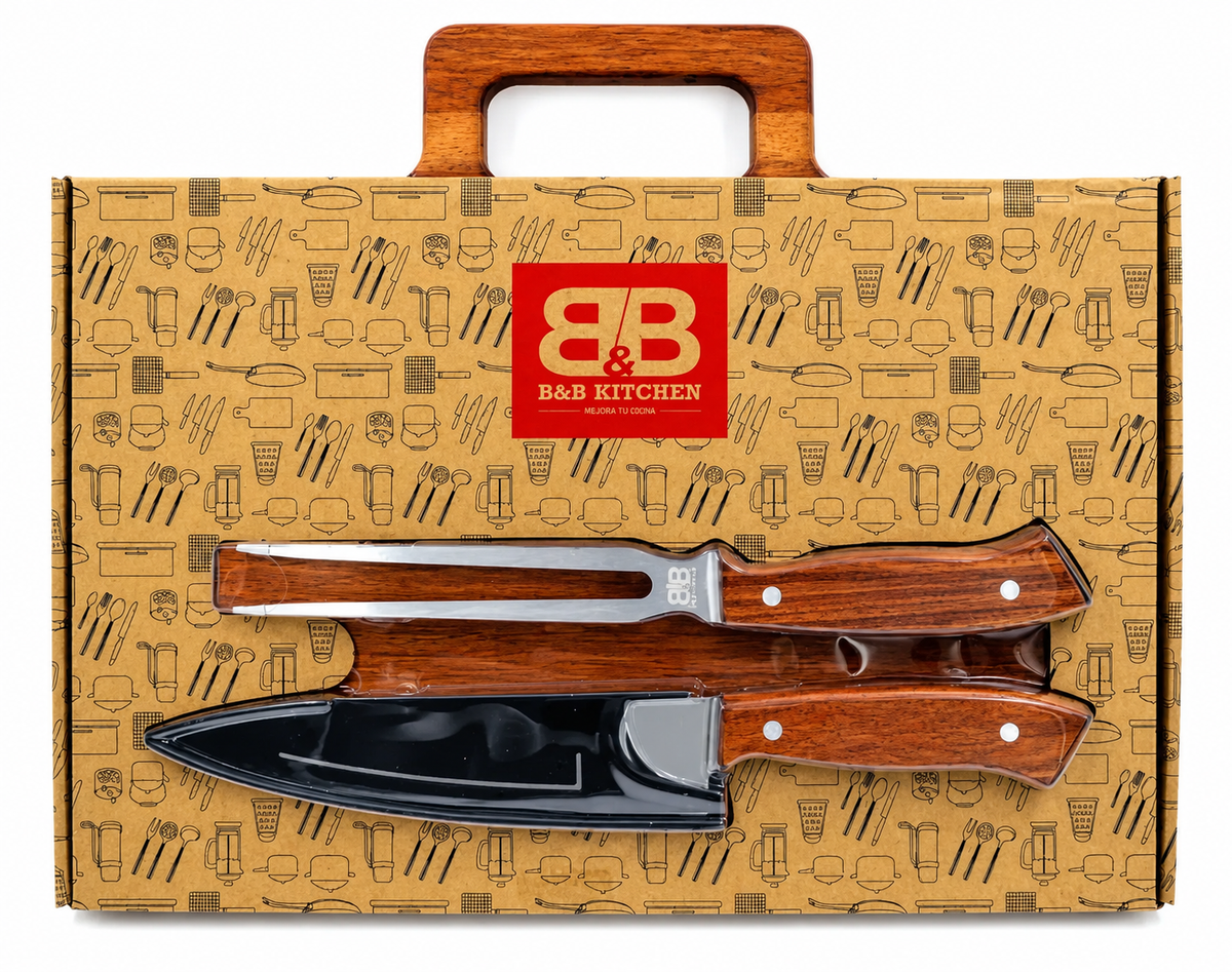 Set Parrillero B&B Kitchen – Tabla + Cuchillo + Tenedor