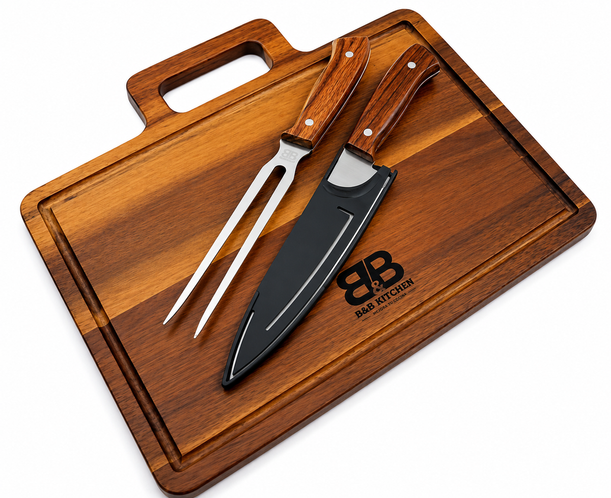 Set Parrillero B&B Kitchen – Tabla + Cuchillo + Tenedor