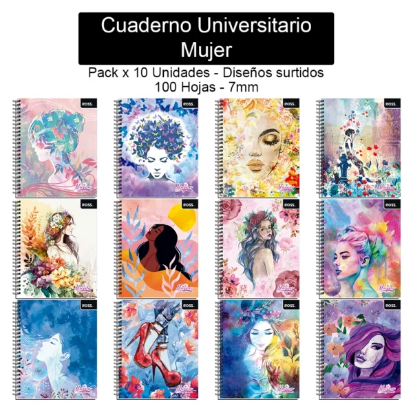 Cuaderno Ross Universitario Proarte - Mujer - 100 Hojas, 7mm - Pack x 10