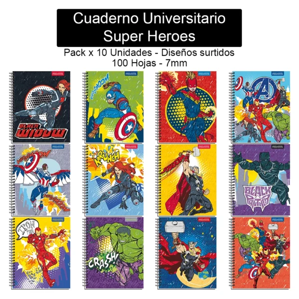 Cuaderno Universitario Proarte - Super Heroes - 100 Hojas, 7mm - Pack x 10