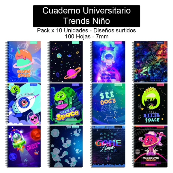 Cuaderno Universitario Proarte - Trends Niño - 100 Hojas, 7mm - Pack x 10