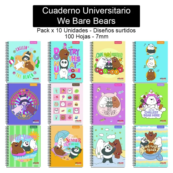 Cuaderno Universitario Proarte - We Bare Bears - 100 Hojas, 7mm - Pack x 10