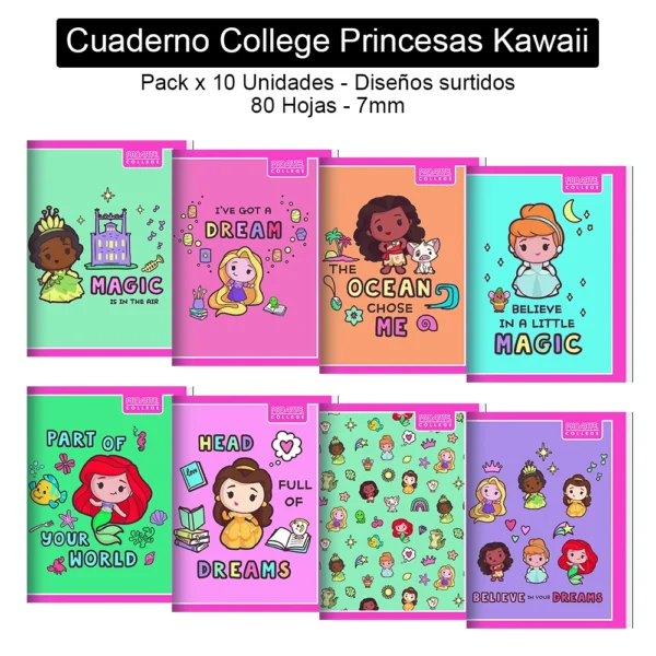 Cuaderno College Proarte - Princesas Kawaii - 80 Hojas, 7mm - Pack x 10