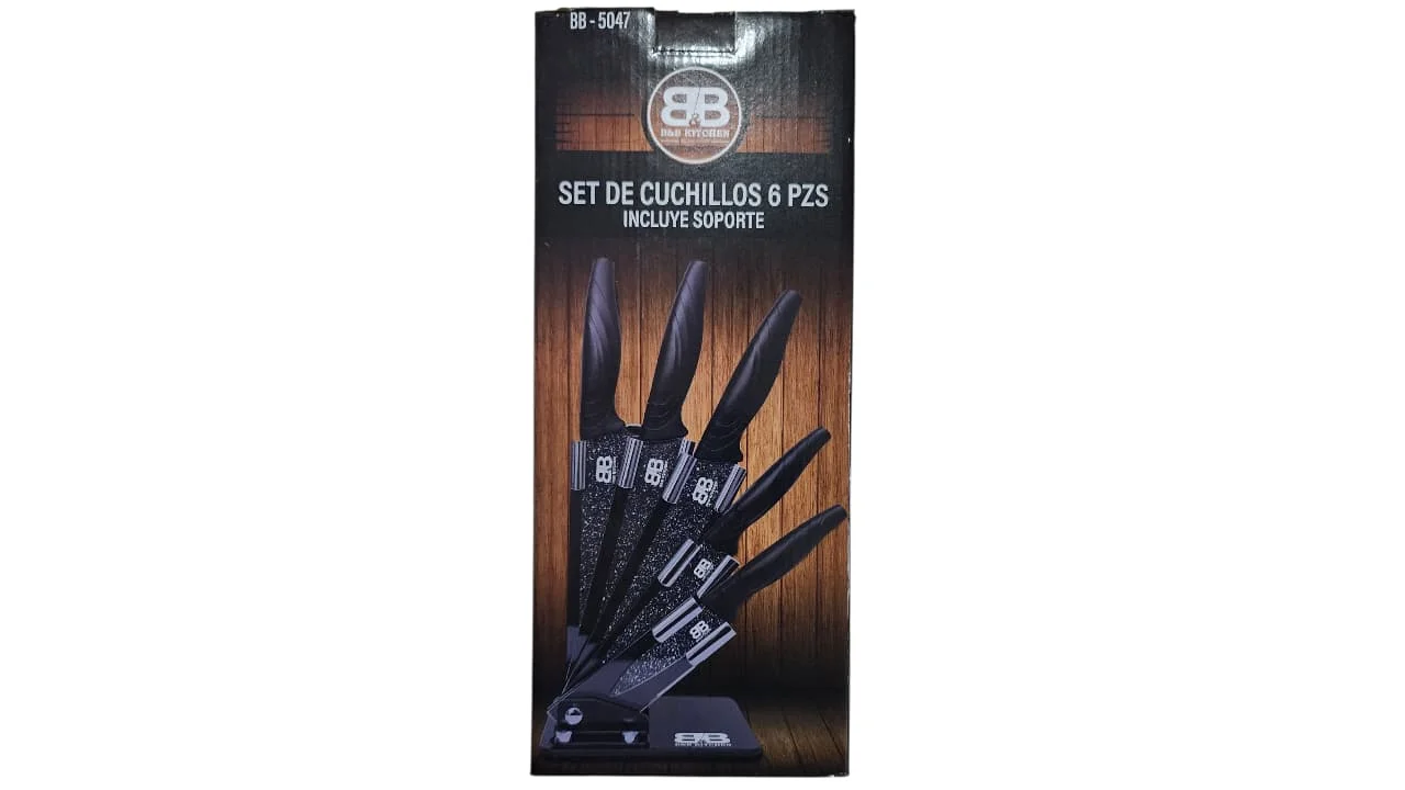 set cuchillo doral con soporte 2 Set de Cuchillos 6 Piezas con Base Acrílica – B&B Kitchen - Imagen 1