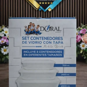 Set de Contenedores de Vidrio Doral Kitchen con Tapa – 3 Piezas (700 ml, 1400 ml y 2600 ml)