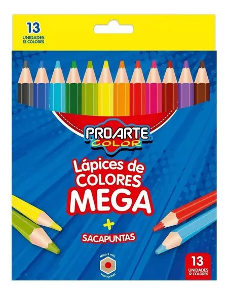 lapiz mega5 Lápices de Colores Mega Proarte Color + Sacapuntas – 13 Unidades (12 Colores) - Imagen 1