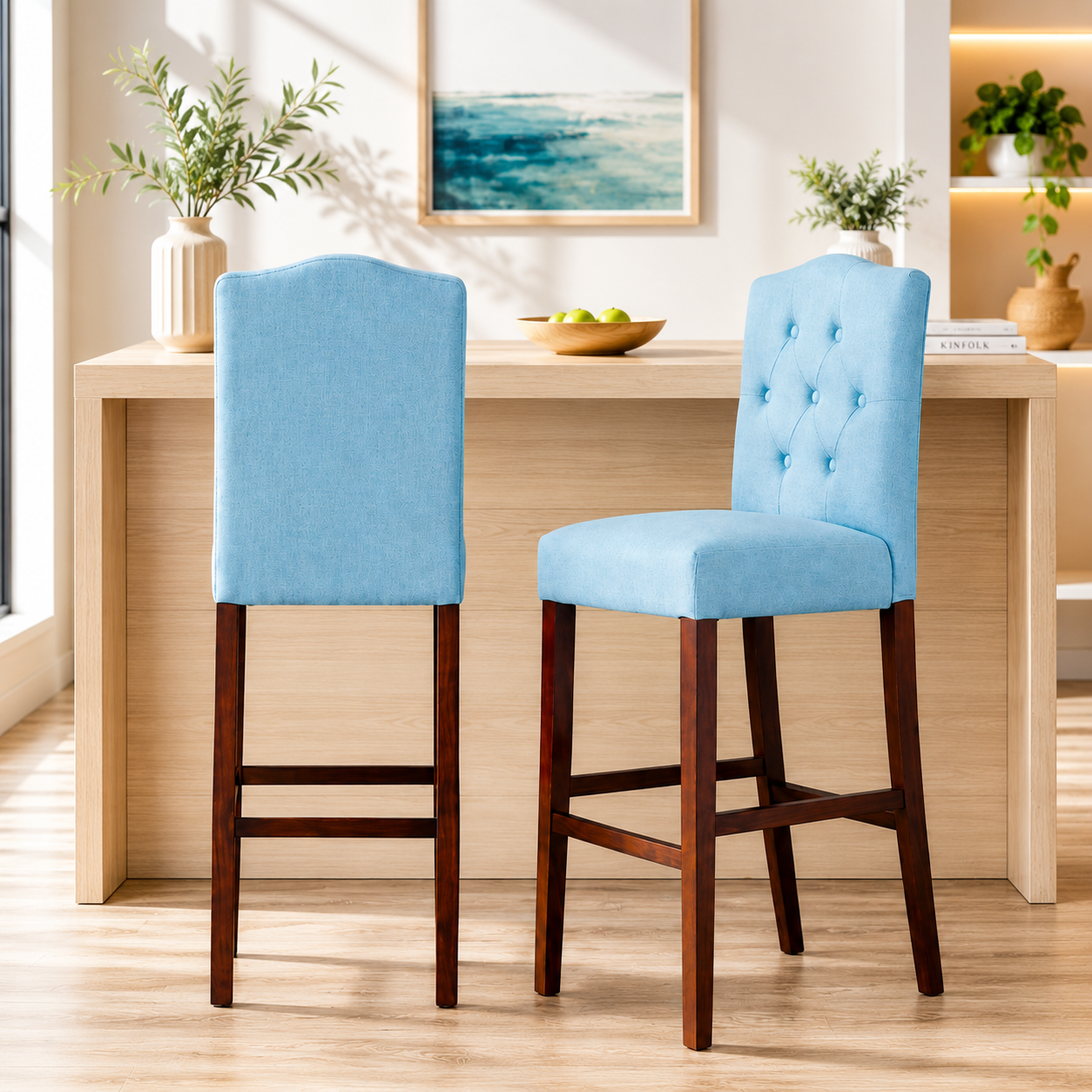 CAPITONE AZUL Banqueta Beckridge con Respaldo Tapizado Capitone Blue Aloe - Stylewell - Imagen 1