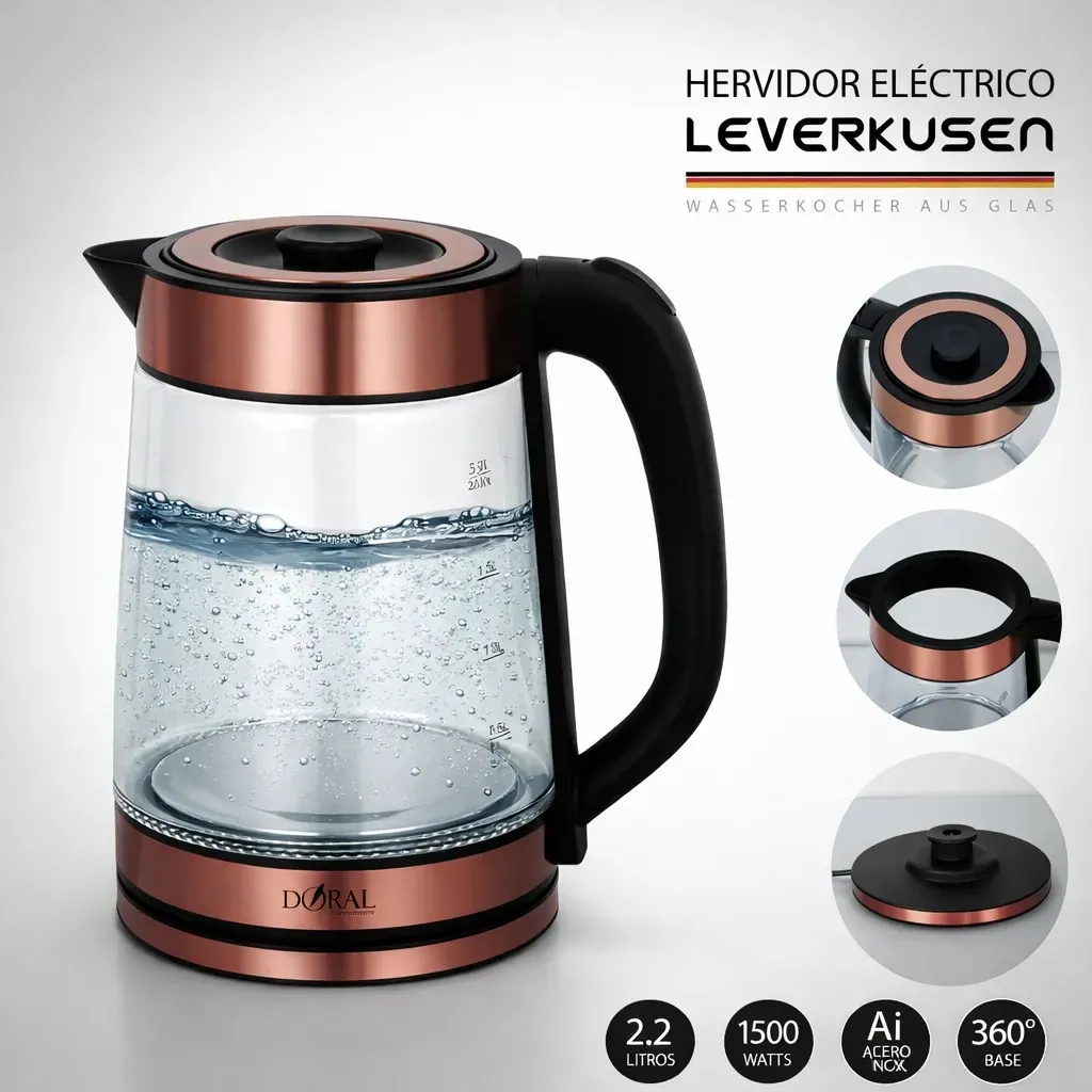 HERVIDOR LEVERKUSEN 5 Hervidor Eléctrico Leverkusen 2.2 Lt 1500w Vidrio Templado - Doral - Imagen 1